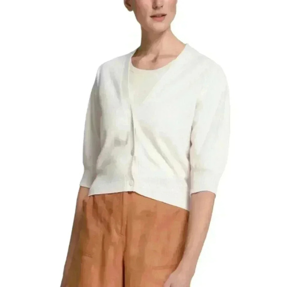 Maggy  London Lightweight Crop Cardigan Silk Cotton V Neck Cream Women's Medium - Picture 1 of 10